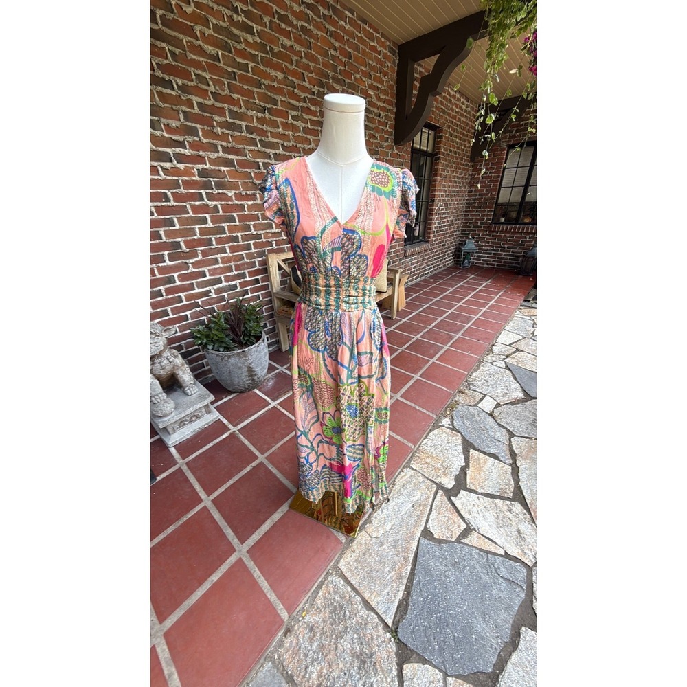 Ciebon Pink Floral Smocked Waist Metallic Maxi Dress Size Small Boho Summer